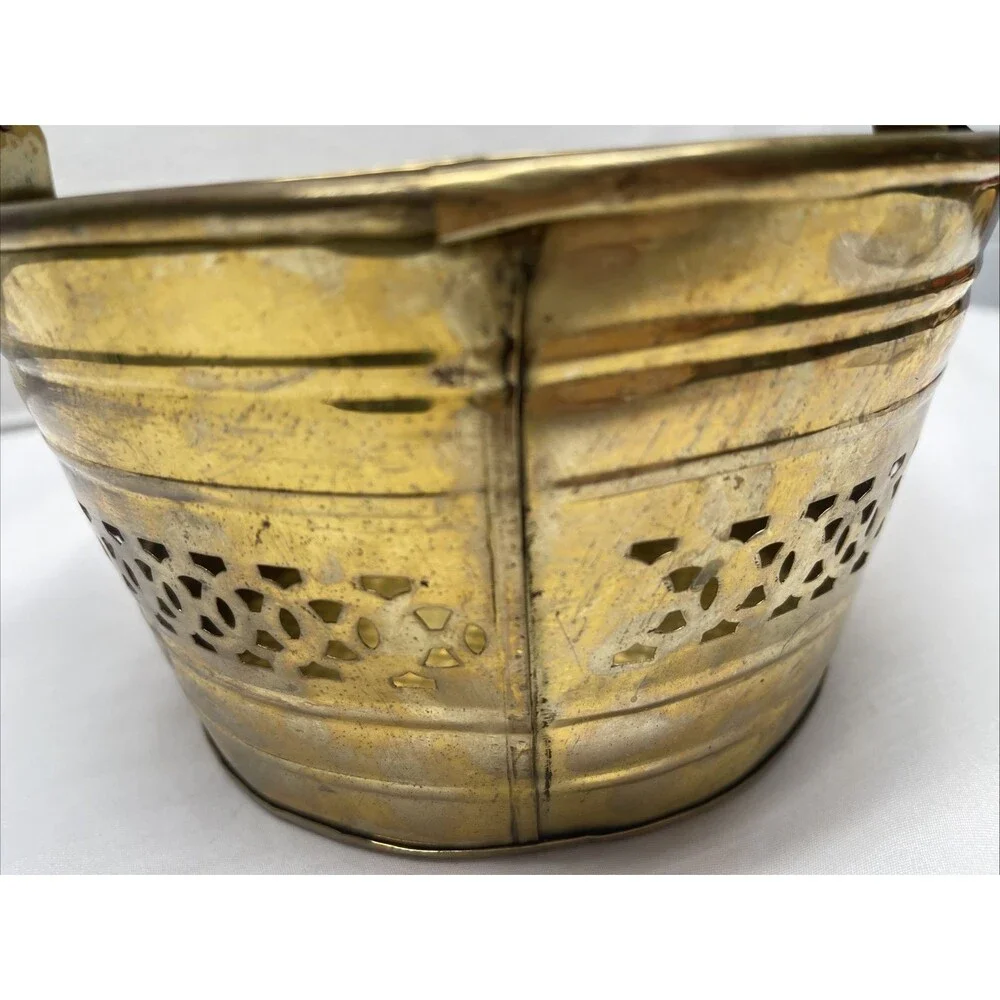 Vintage Solid Brass Pierced Basket Handle Decorative Ornate Planter Round India
